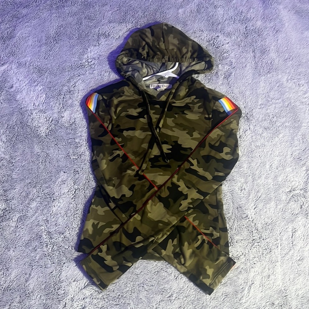 Eye Candy Camo Hoodie With Rainbow Stripped Sleeves!